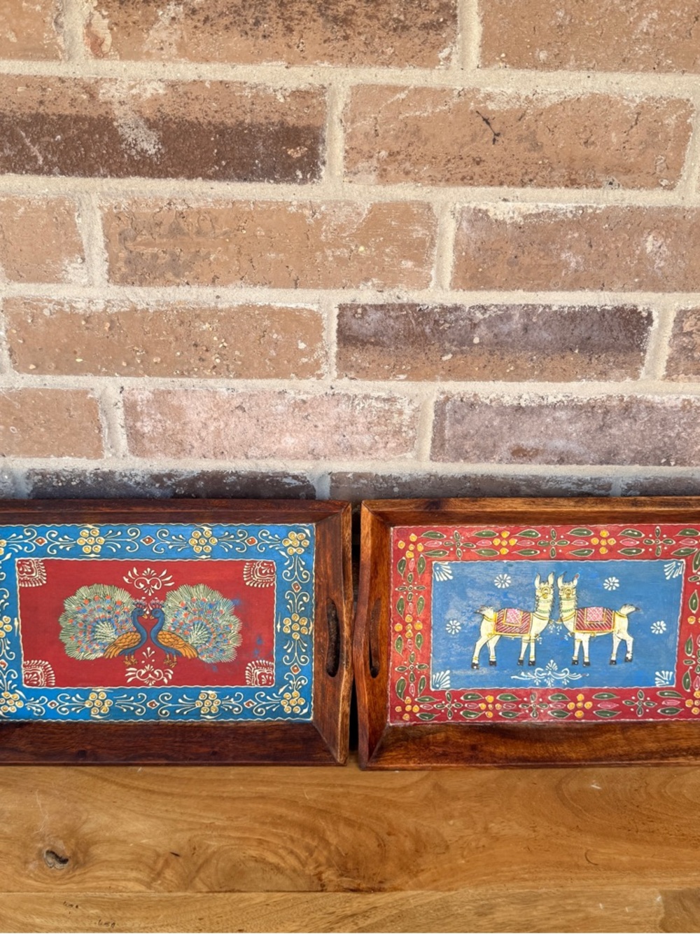 Hand-Painted Red and Blue Decorative Wall Trays, Set of 2